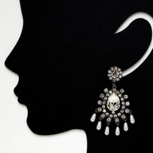 Kenneth Jay Lane Gunmetal large chandelier earrings with crystals - Picture 3 of 5